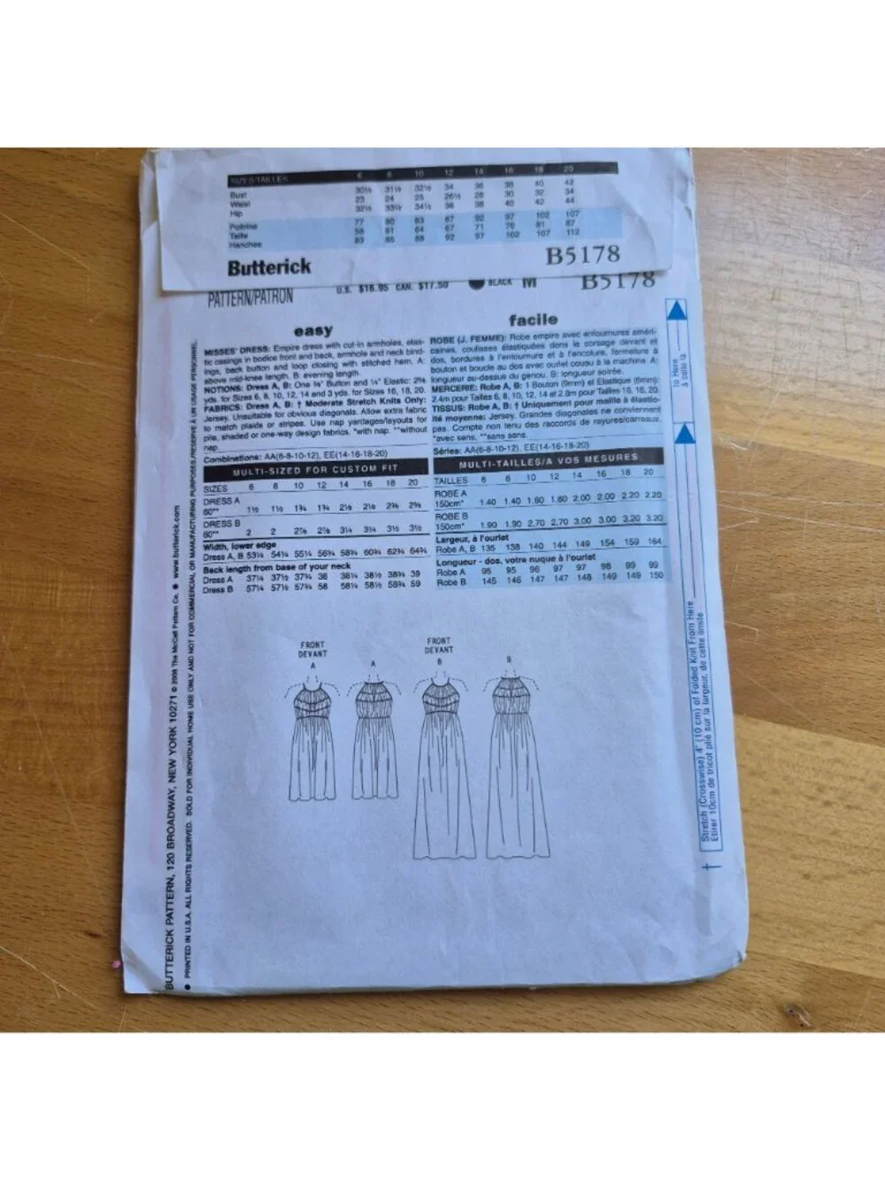 Butterick B5178 Sewing Pattern Misses Empire Waist Dresses Sizes 6-12